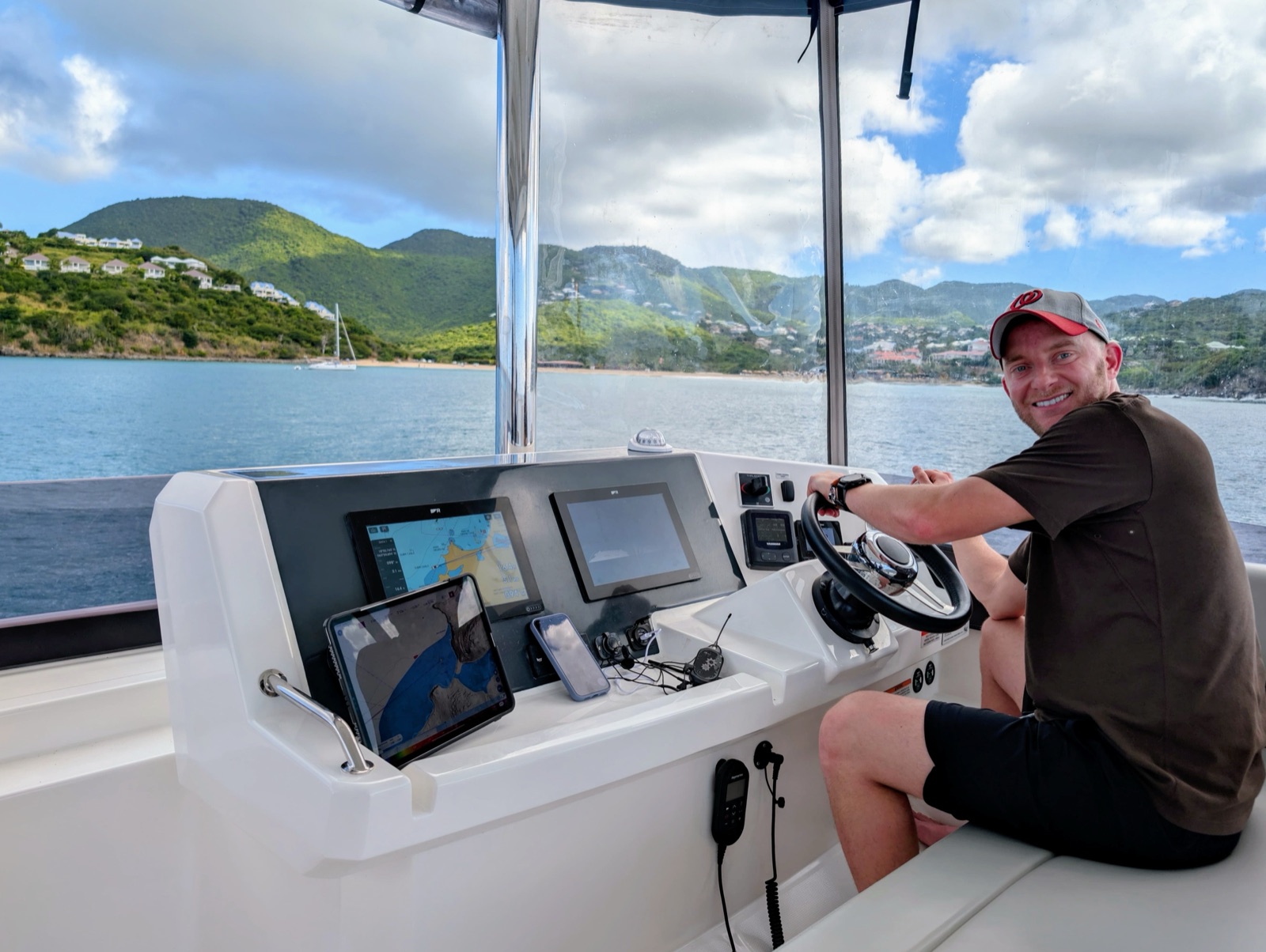 Dash at the helm of a Leopard 55 Power Catamaran, Caribbean